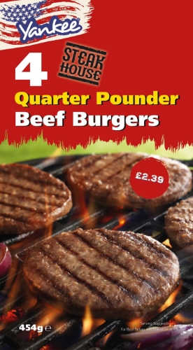 Picture of FROZEN YANKEE 4 QUARTER POUNDER BEEF BURGERS 6X454G £2.39 PMP
