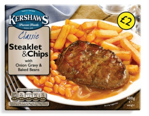 Picture of FROZEN KERSHAWS STEAKLET & CHIPS 12X400G £2.00 PMP
