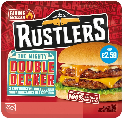 Picture of RUSTLERS DOUBLE DECKER CHEESEBURGER 4X237G £2.59 PMP