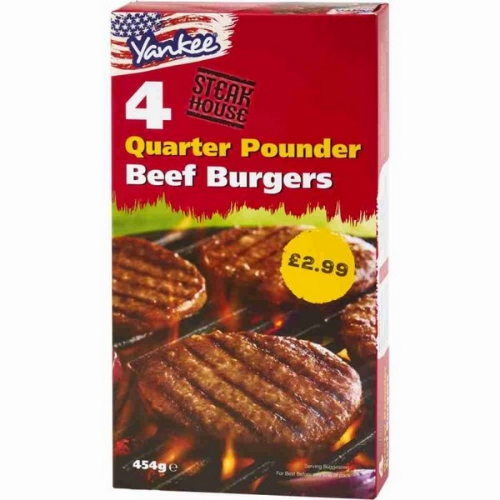 Picture of FROZEN YANKEE 4 QUARTER POUNDER BEEF BURGERS 6X454G £2.99 PMP
