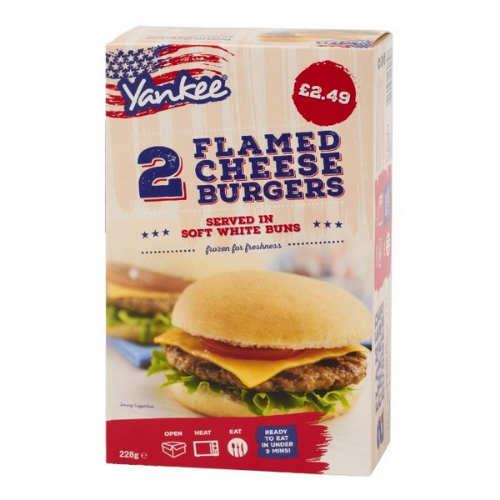 Picture of FROZEN YANKEE 2 FLAMED CHEESE BURGERS 6X228G £2.49 PMP