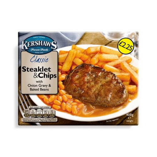 Picture of FROZEN KERSHAWS STEAKLET & CHIPS 12X400G £2.25 PMP